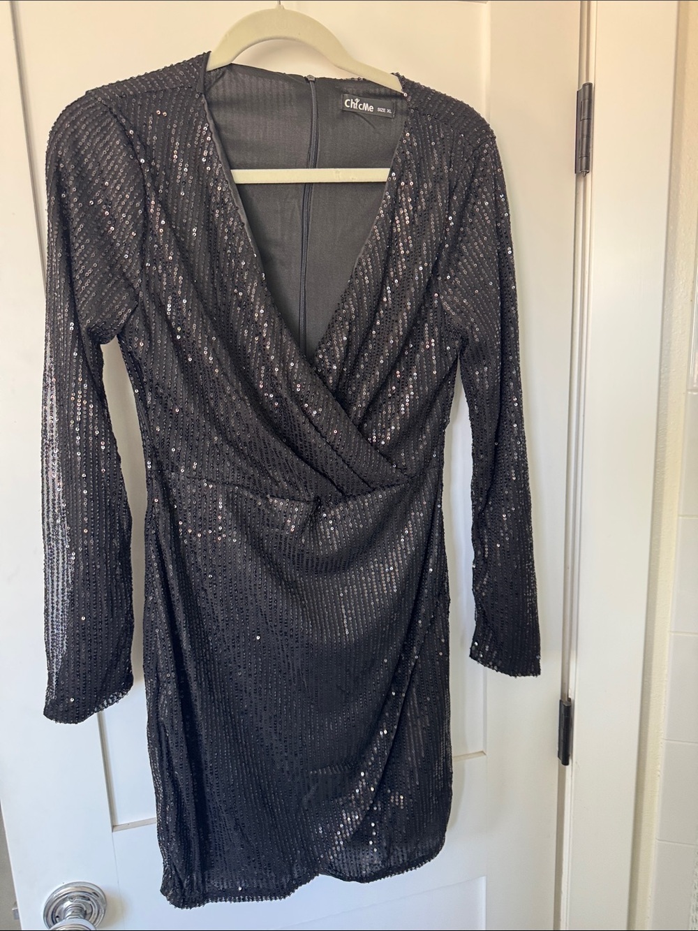 chic Black Sequin Long-Sleeve Wrap Dress